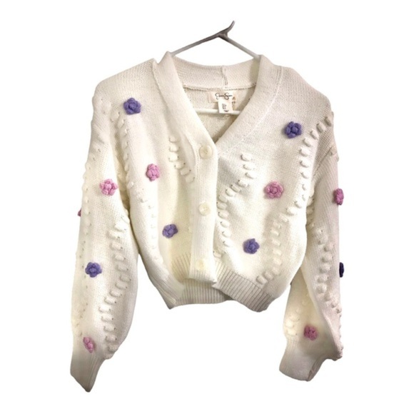 Jessica Simpson cream embroidery applique cable knit cardigan sweater size Small - Picture 6 of 11